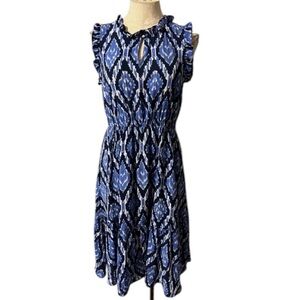 Talbots Petite Ikat Blue and White Dress A Line Dress with Ruffled Neckline - 6P